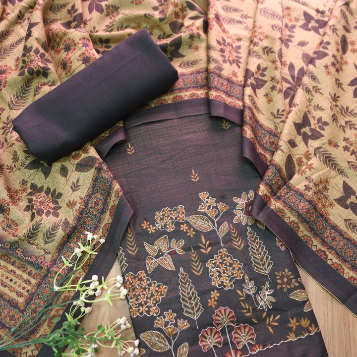 तमन्ना Faded Black Balanced By Floral Printed and Aari Work Semi Pashmina Winter Set