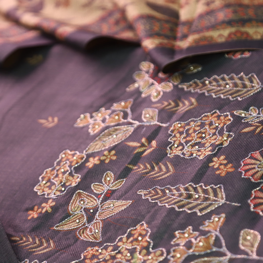 तमन्ना Faded Black Balanced By Floral Printed and Aari Work Semi Pashmina Winter Set