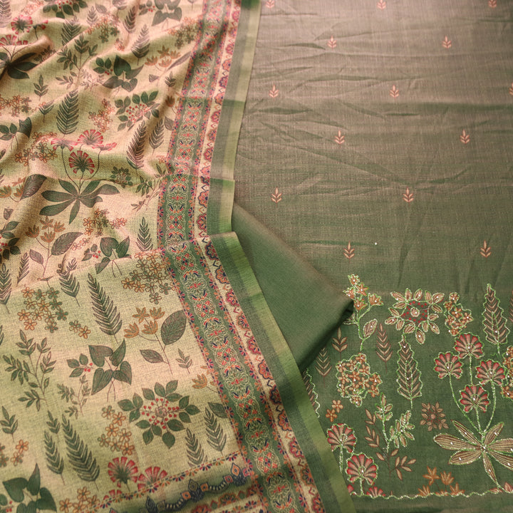 तमन्ना Forest Green Balanced By Floral Printed and Aari Work Semi Pashmina Winter Set