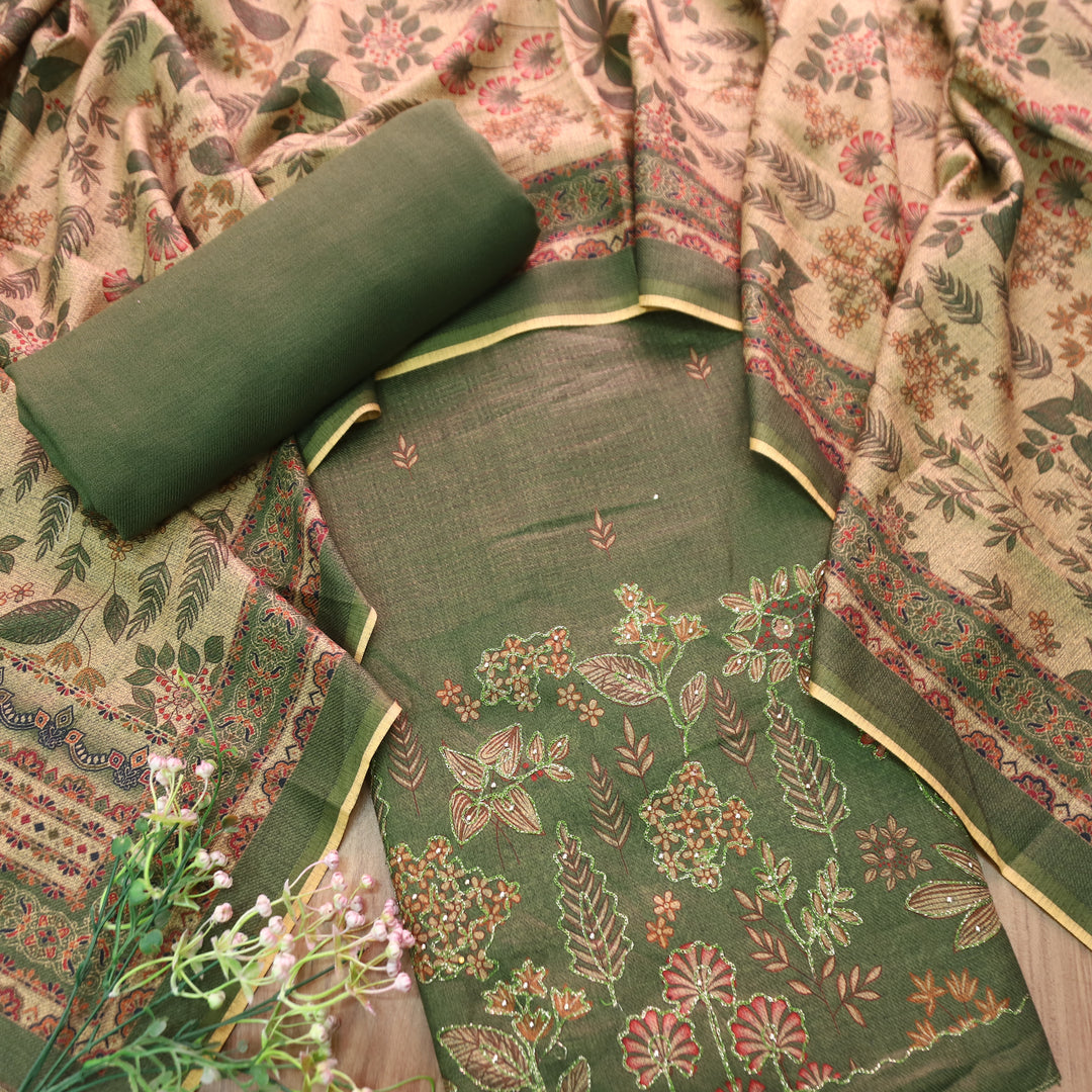 तमन्ना Forest Green Balanced By Floral Printed and Aari Work Semi Pashmina Winter Set