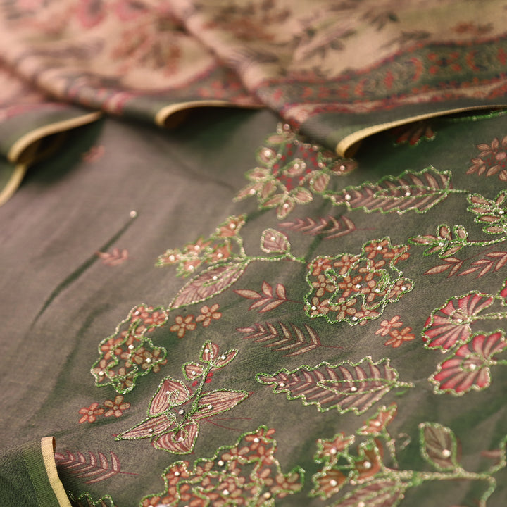 तमन्ना Forest Green Balanced By Floral Printed and Aari Work Semi Pashmina Winter Set