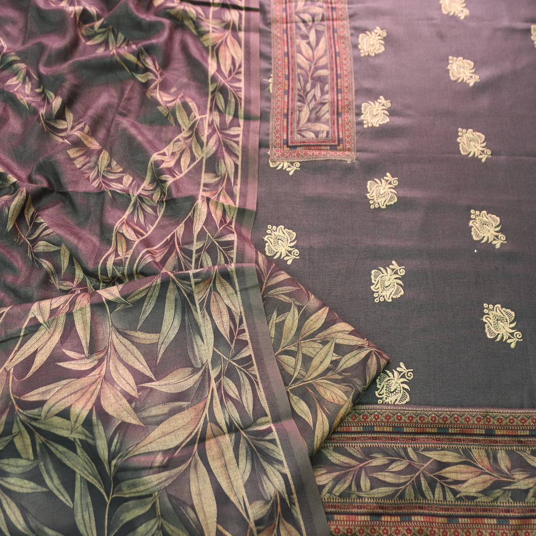 अंजना Charcoal Black Floral Print in Floral Embroidery Work Semi Pashmina Winter Set