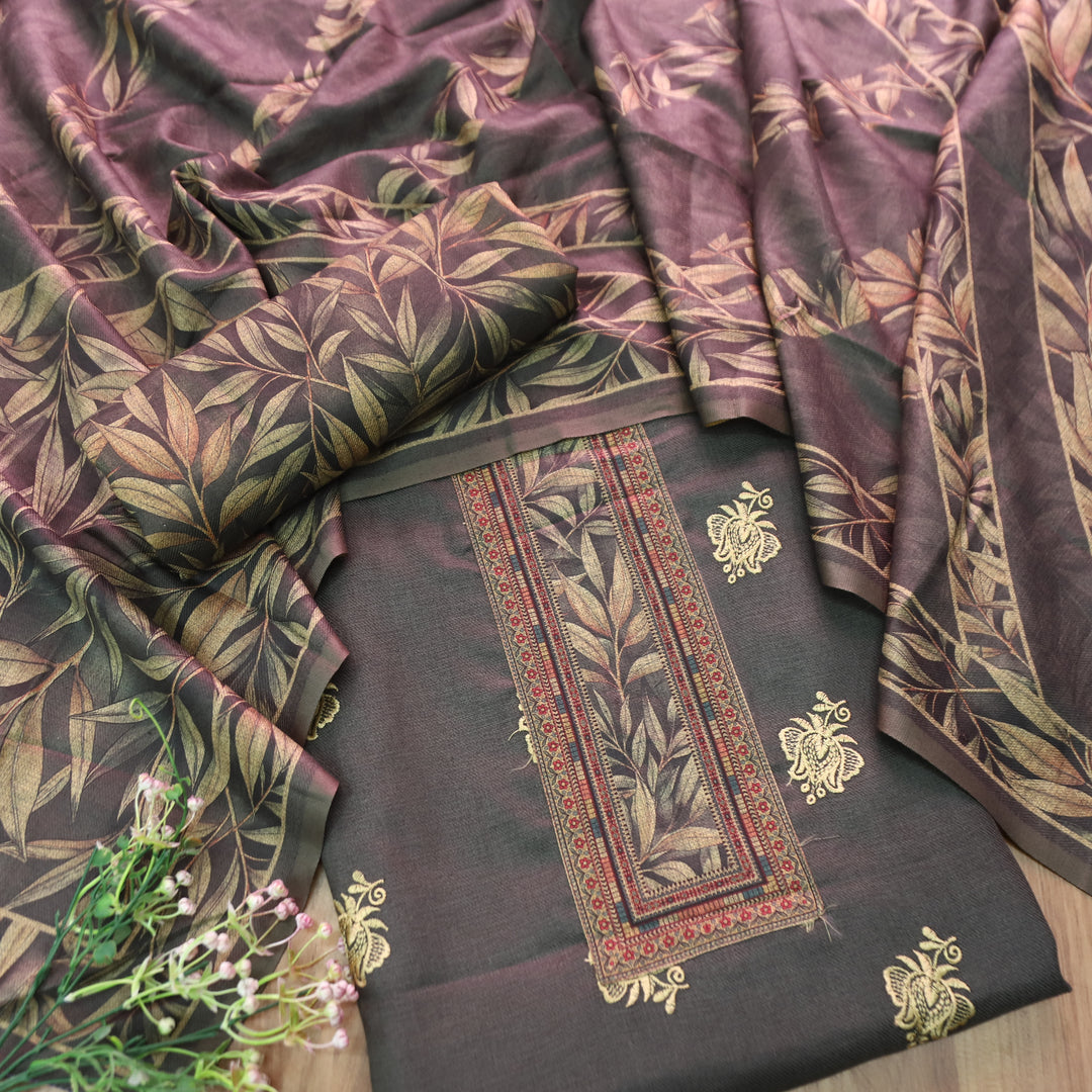 अंजना Charcoal Black Floral Print in Floral Embroidery Work Semi Pashmina Winter Set