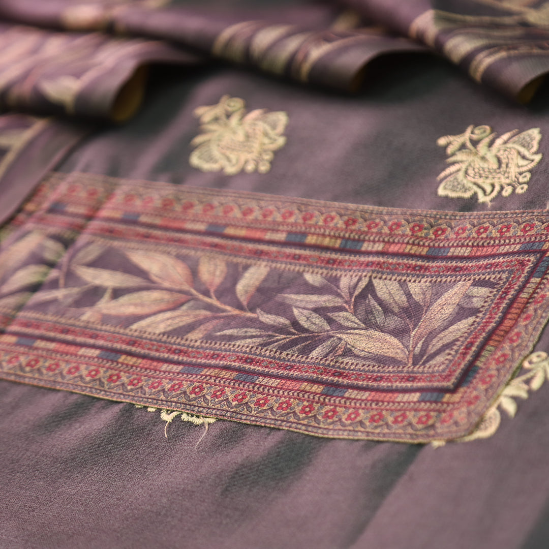 अंजना Charcoal Black Floral Print in Floral Embroidery Work Semi Pashmina Winter Set