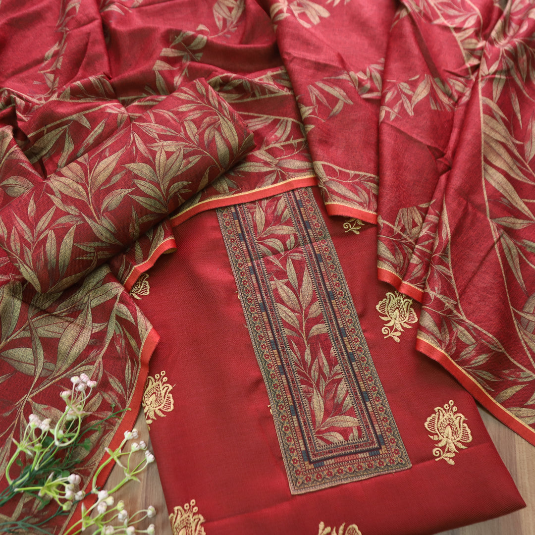 अंजना Mahogany Red Floral Print in Floral Embroidery Work Semi Pashmina Winter Set