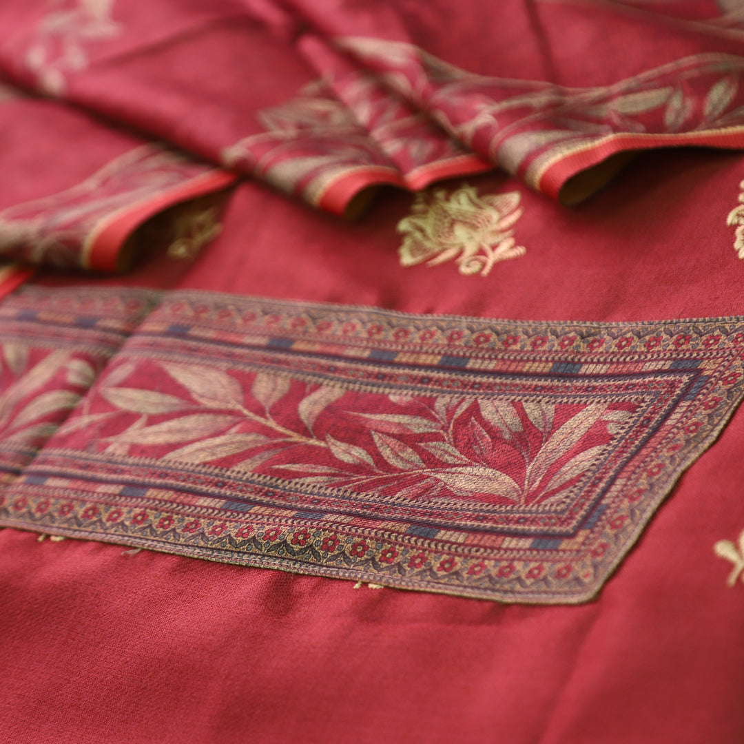 अंजना Mahogany Red Floral Print in Floral Embroidery Work Semi Pashmina Winter Set