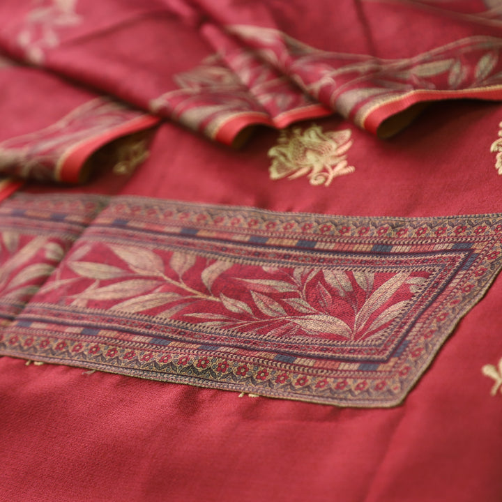 अंजना Mahogany Red Floral Print in Floral Embroidery Work Semi Pashmina Winter Set