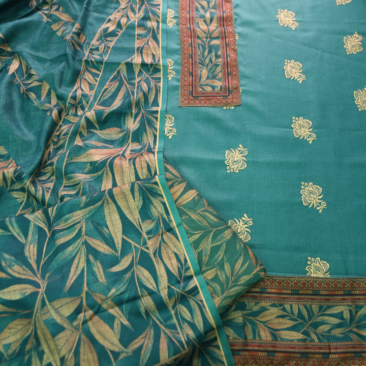 अंजना Teal Green Floral Print in Floral Embroidery Work Semi Pashmina Winter Set