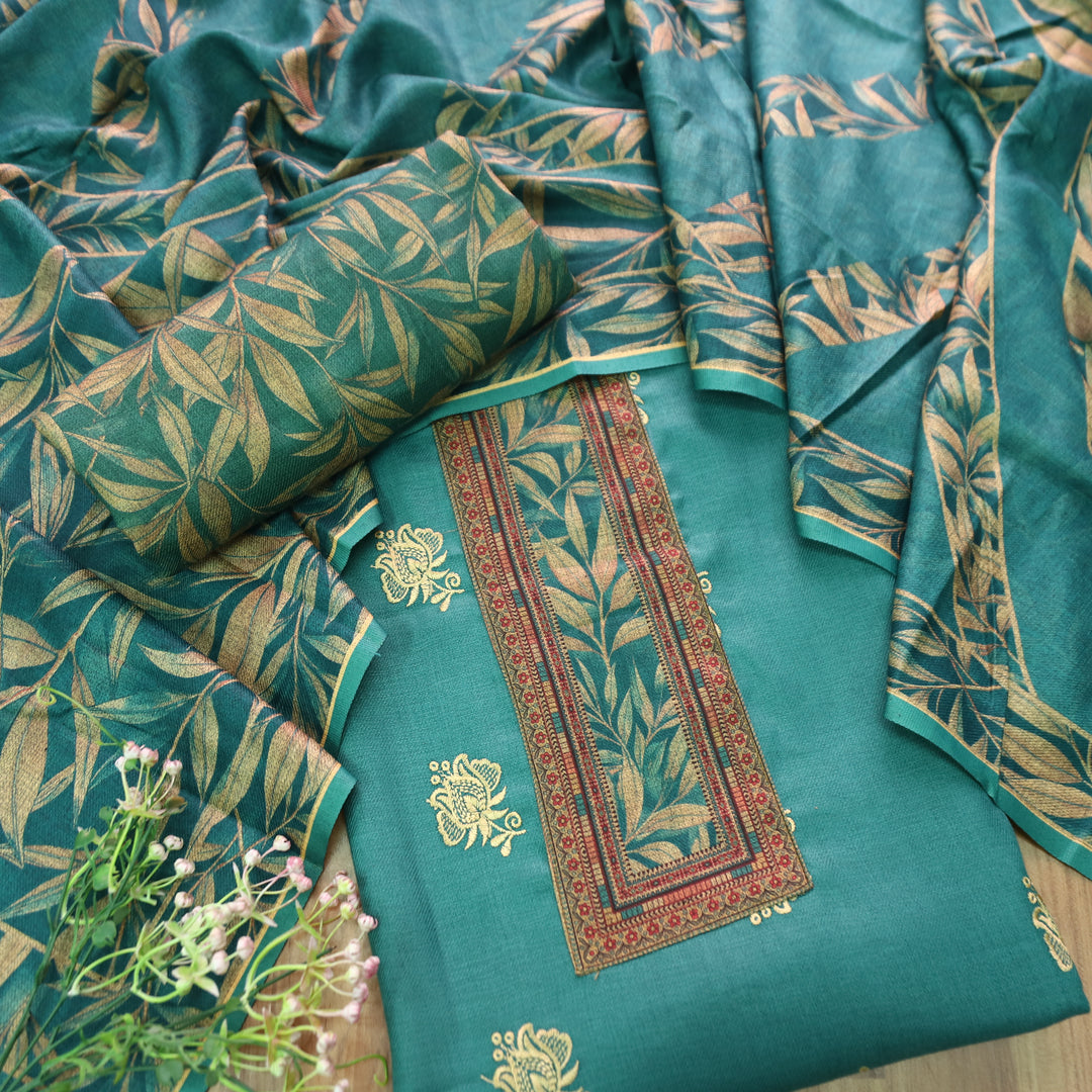 अंजना Teal Green Floral Print in Floral Embroidery Work Semi Pashmina Winter Set