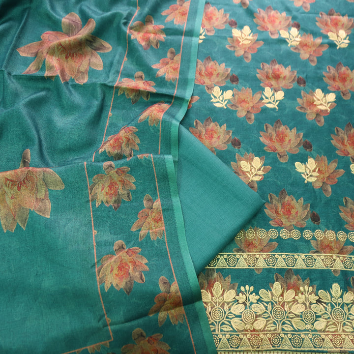 जस्सी Emerald Green Floral Print in Embroidered Work Semi Pashmina Winter Set