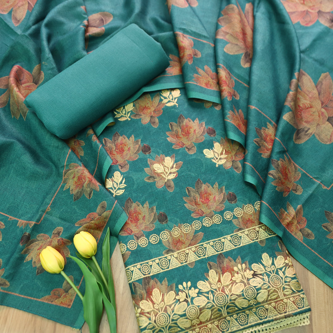 जस्सी Emerald Green Floral Print in Embroidered Work Semi Pashmina Winter Set