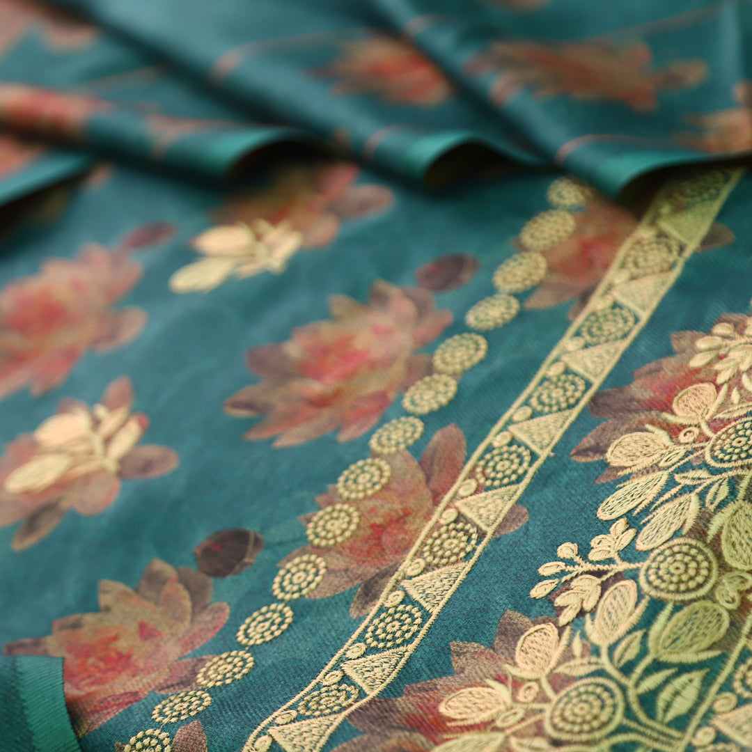 जस्सी Emerald Green Floral Print in Embroidered Work Semi Pashmina Winter Set