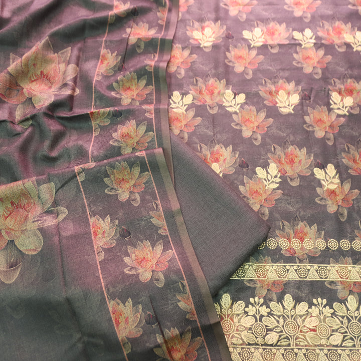 जस्सी Charcoal Black Floral Print in Embroidered Work Semi Pashmina Winter Set