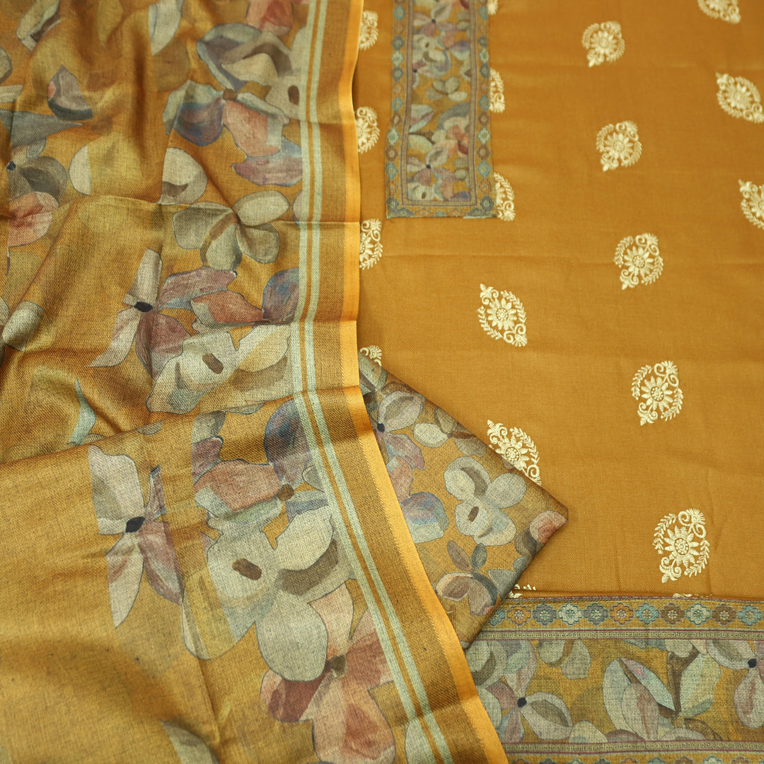 अपूर्वा Dijon Yellow Floral Print in Embroidery Floral Work Semi Pashmina Winter Set