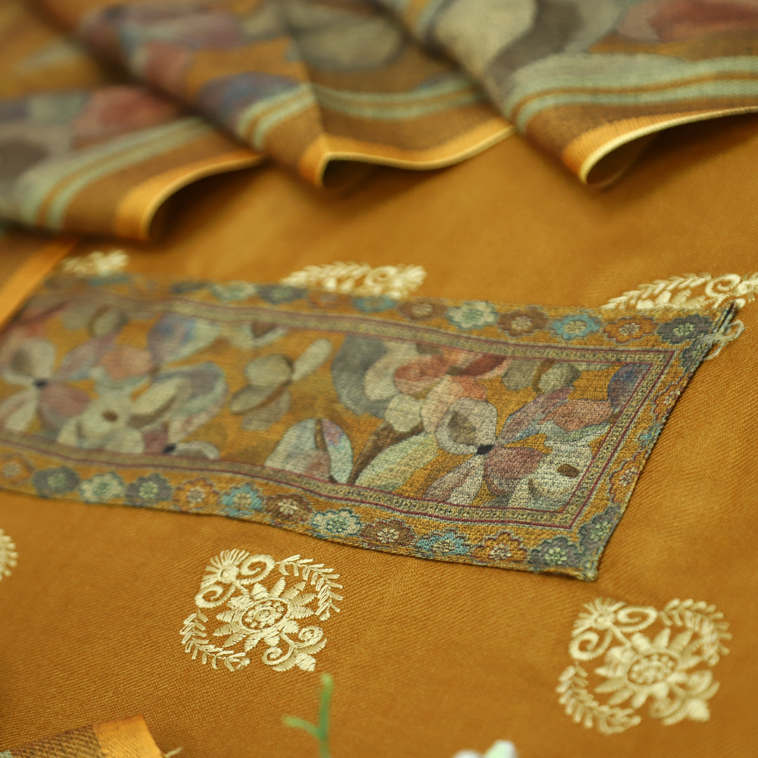 अपूर्वा Dijon Yellow Floral Print in Embroidery Floral Work Semi Pashmina Winter Set