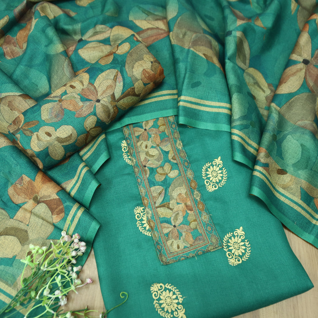 अपूर्वा Emerlad Teal Floral Print in Embroidery Floral Work Semi Pashmina Winter Set