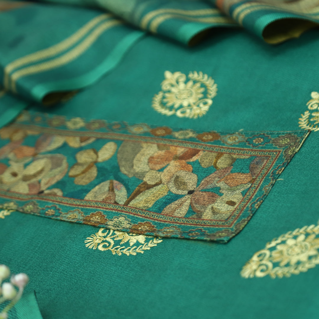 अपूर्वा Emerlad Teal Floral Print in Embroidery Floral Work Semi Pashmina Winter Set
