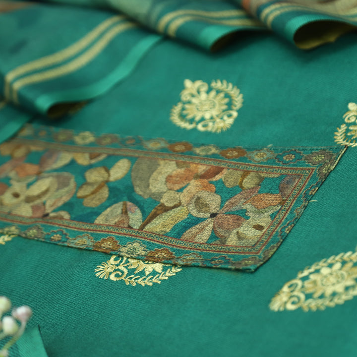 अपूर्वा Emerlad Teal Floral Print in Embroidery Floral Work Semi Pashmina Winter Set