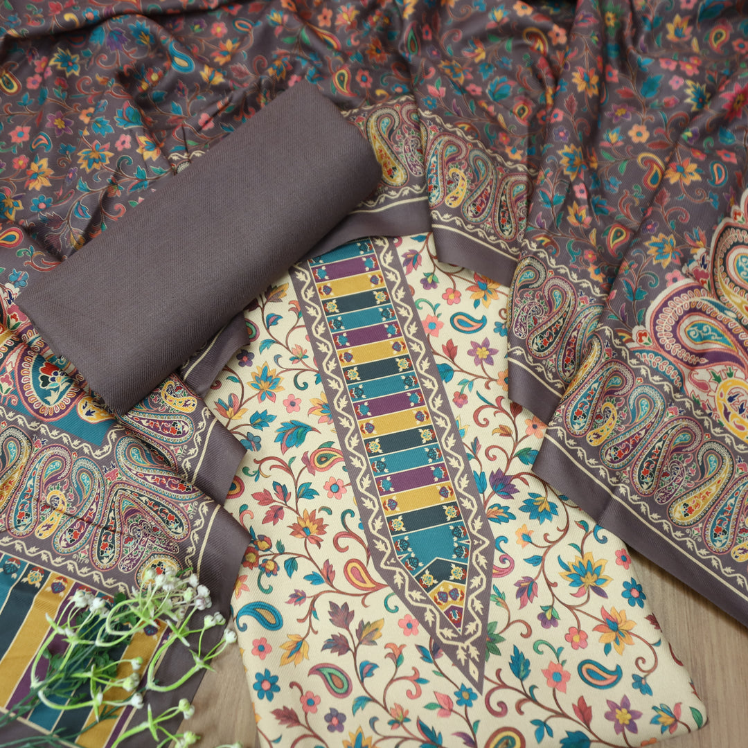 दीक्षा Cream Beige with Grey Kanni Floral Printed Work Semi Pashmina Winter Set