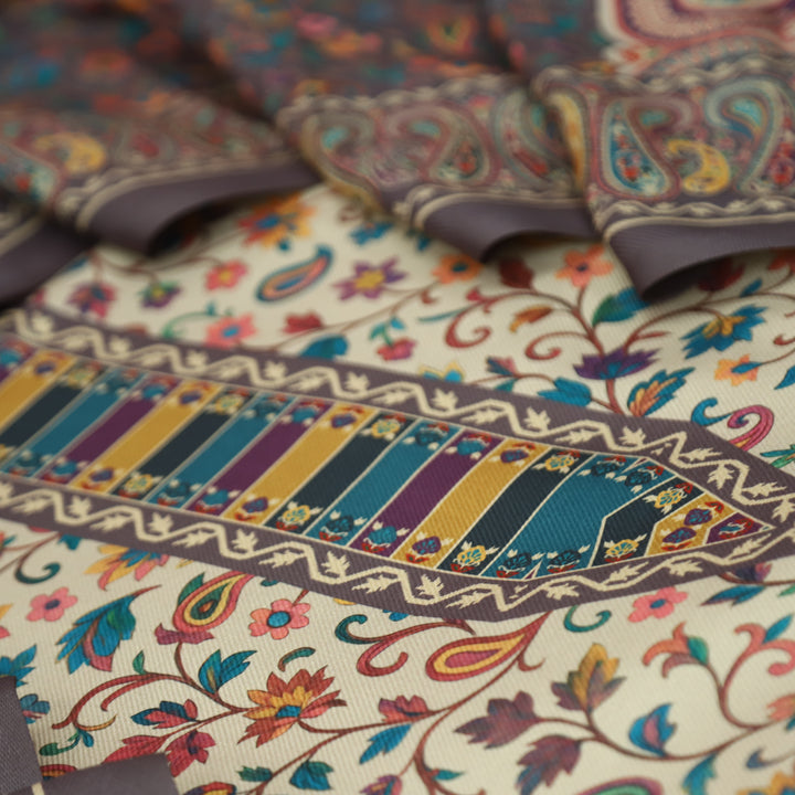 दीक्षा Cream Beige with Grey Kanni Floral Printed Work Semi Pashmina Winter Set