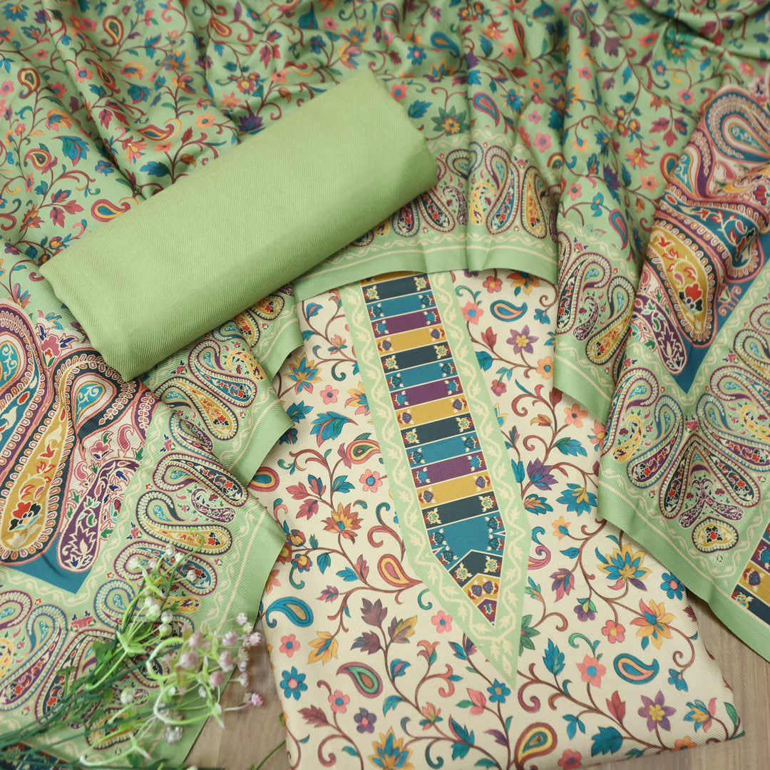 दीक्षा Cream Beige with Mint Green Kanni Floral Printed Work Semi Pashmina Winter Set