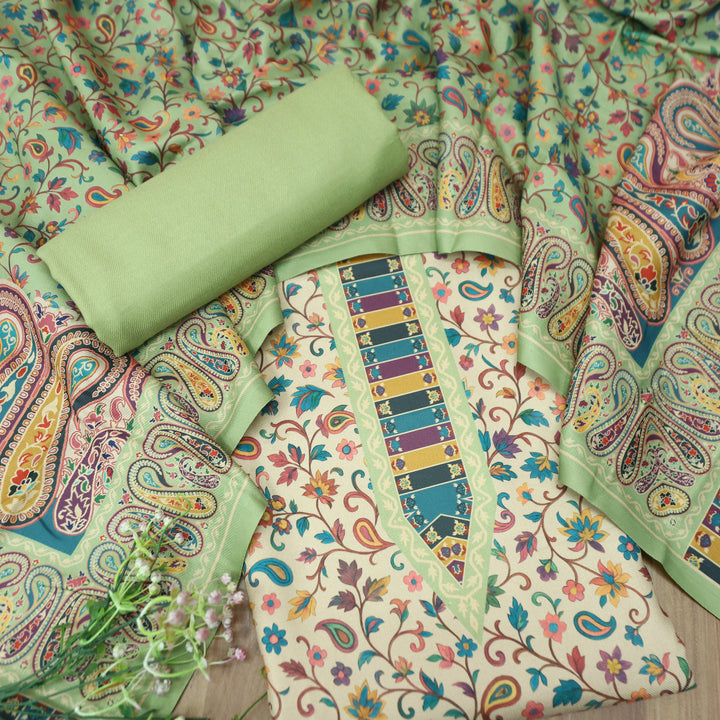 दीक्षा Cream Beige with Mint Green Kanni Floral Printed Work Semi Pashmina Winter Set