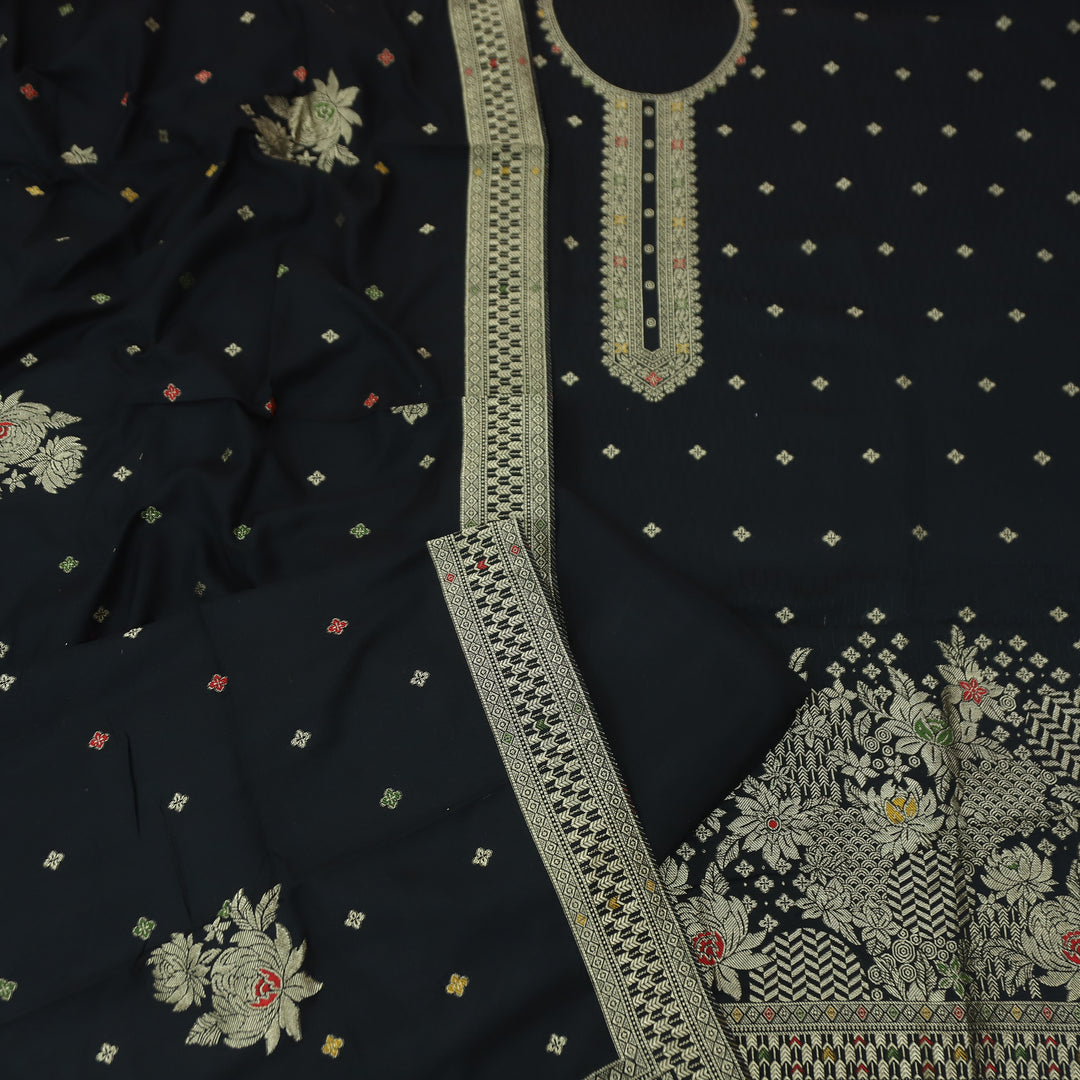 ईशानी Coal Black Balanced by All Over Zari Weaved Work Semi Pashmina Winter Set