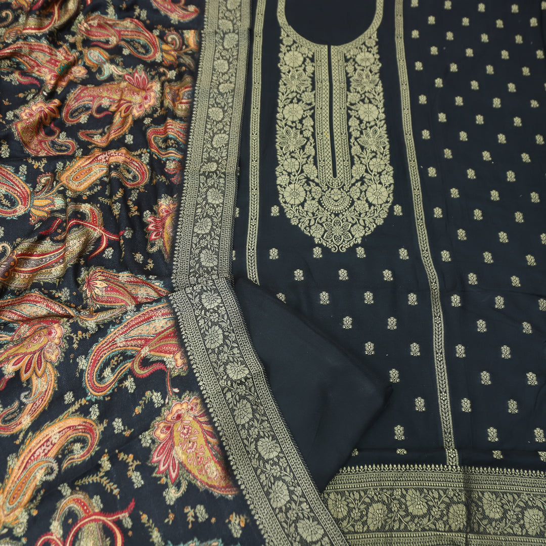 रुक्मणी Kajal Black Zari Weaved in Panel Style Work Semi Pashmina Winter Suit Set