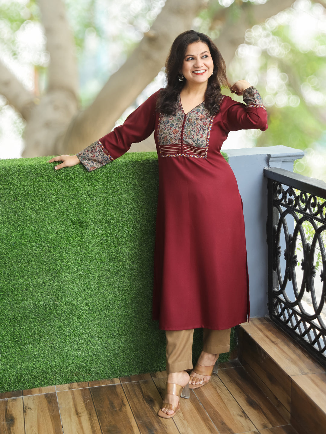 Tarang Maroon Wine Potli Button Work in Kanni Patch Neck Semi Pashmina Winter Kurti