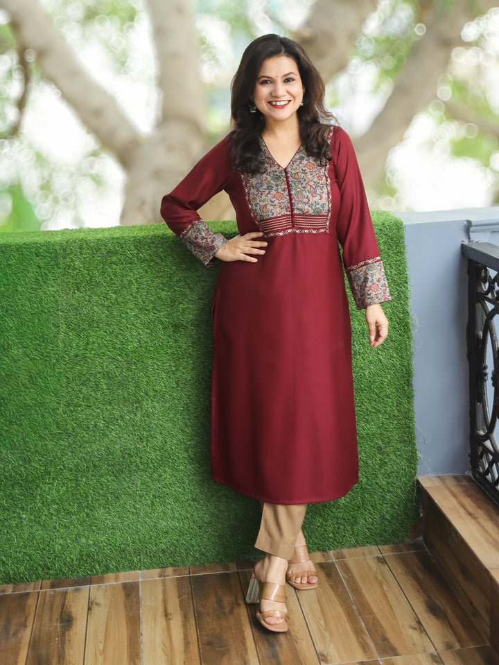 Tarang Maroon Wine Potli Button Work in Kanni Patch Neck Semi Pashmina Winter Kurti