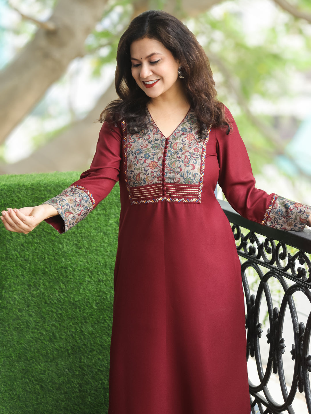 Tarang Maroon Wine Potli Button Work in Kanni Patch Neck Semi Pashmina Winter Kurti
