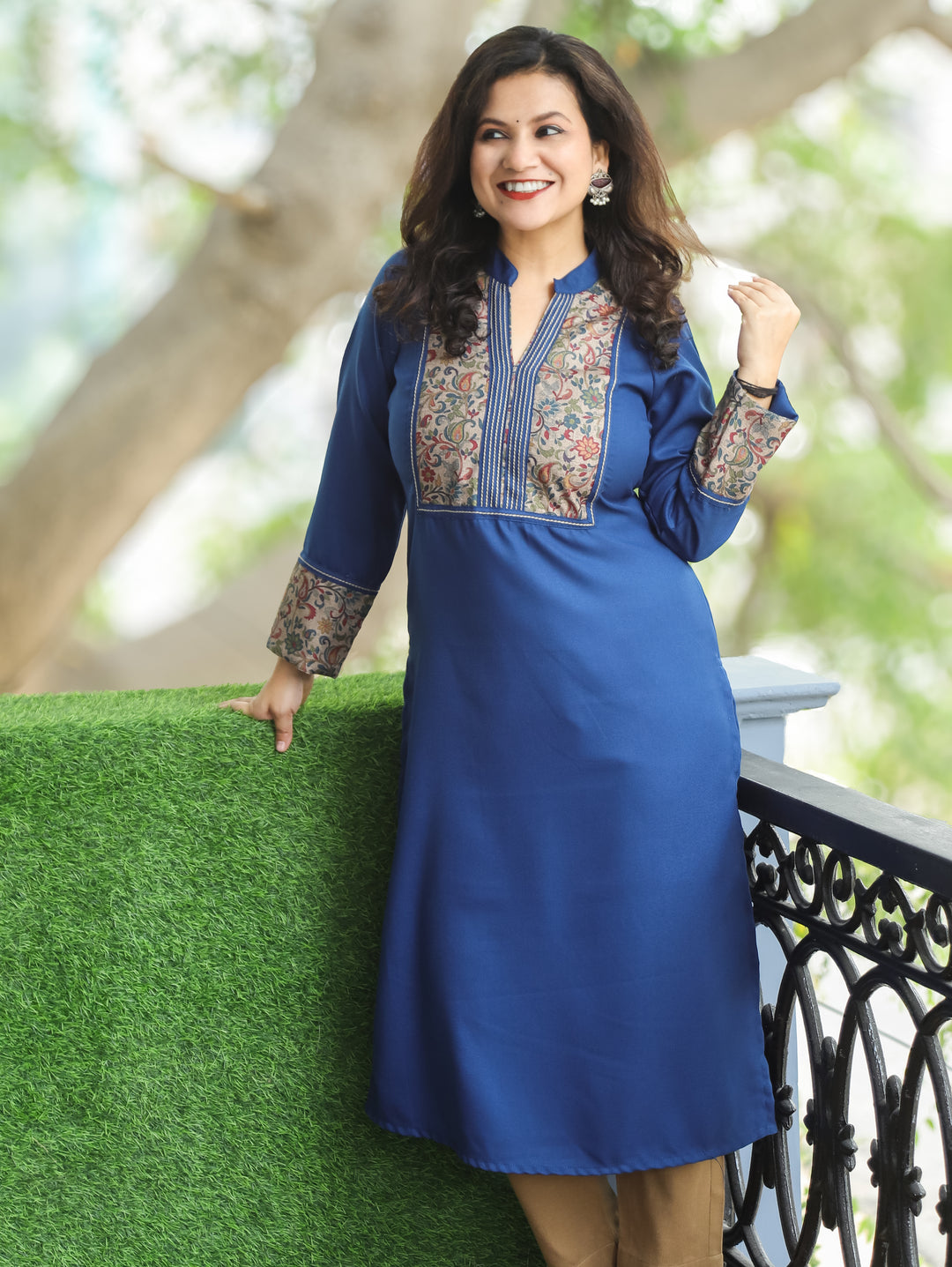 Kanakshi Marine Blue Running Stitch in Kanni Patch Neck Semi Pashmina Winter Kurti