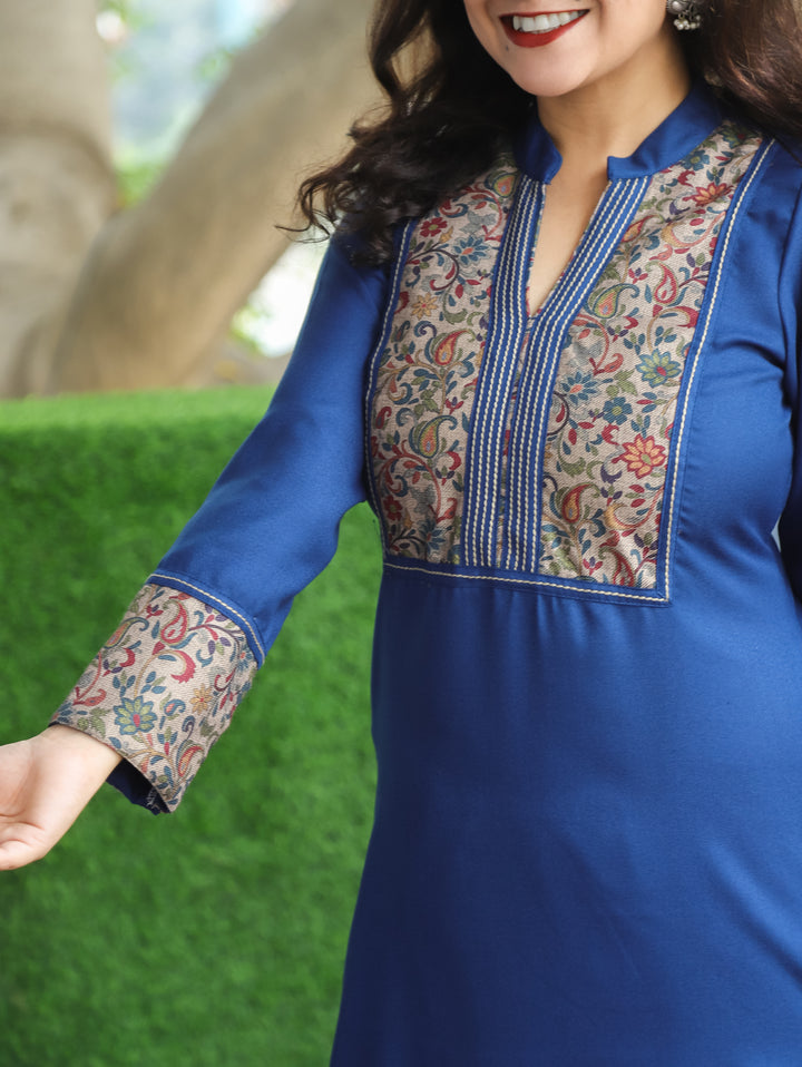 Kanakshi Marine Blue Running Stitch in Kanni Patch Neck Semi Pashmina Winter Kurti