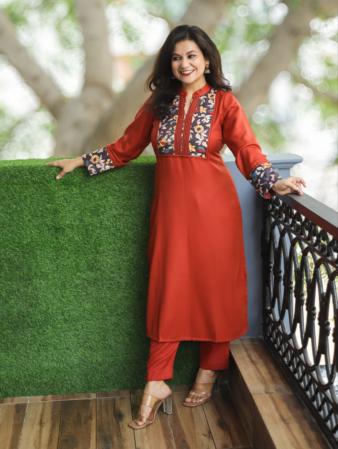 Kanakshi Rust Orange Running Stitch in Kalamkari Patch Neck Semi Pashmina Winter Kurti