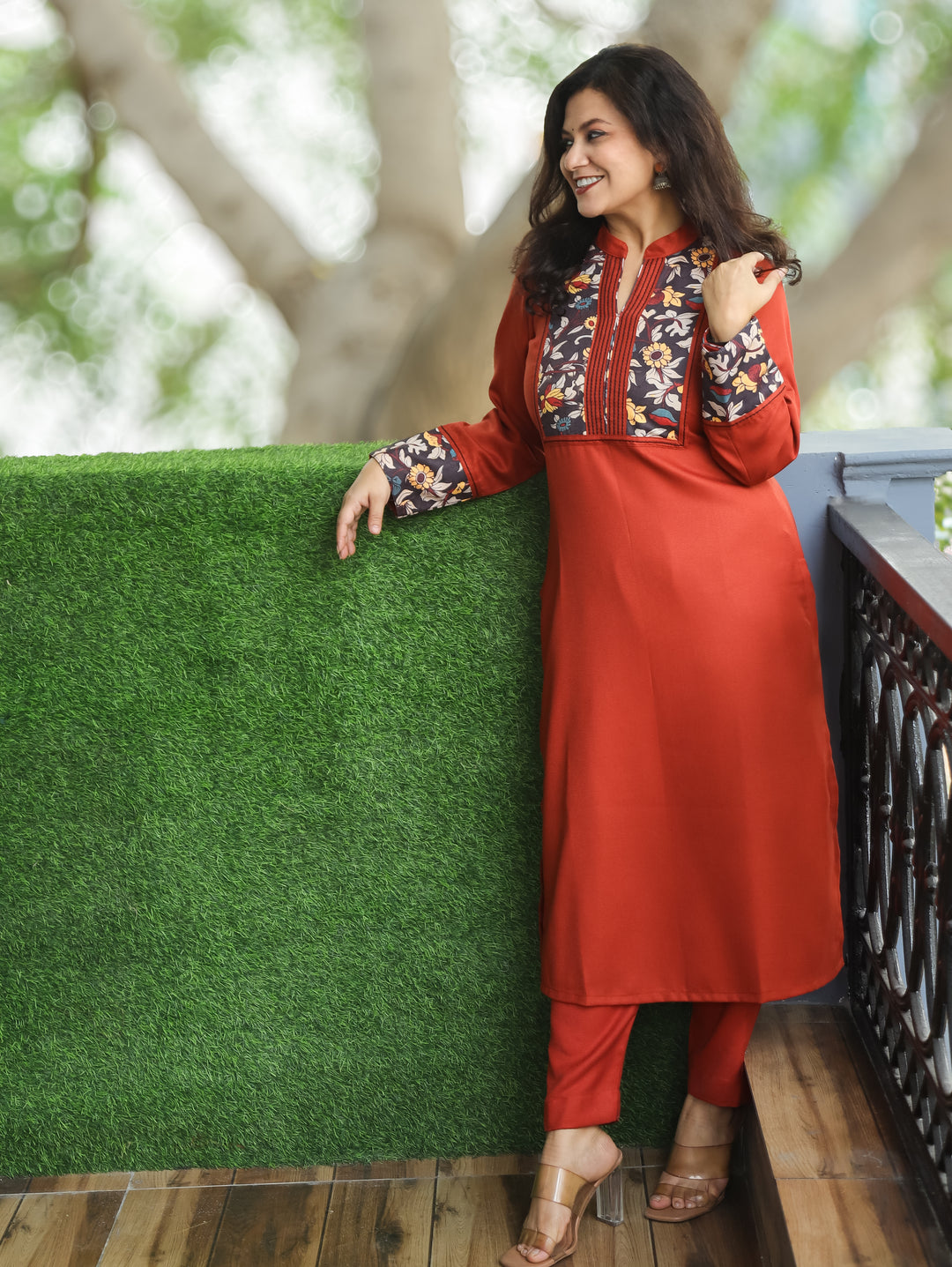 Kanakshi Rust Orange Running Stitch in Kalamkari Patch Neck Semi Pashmina Winter Kurti