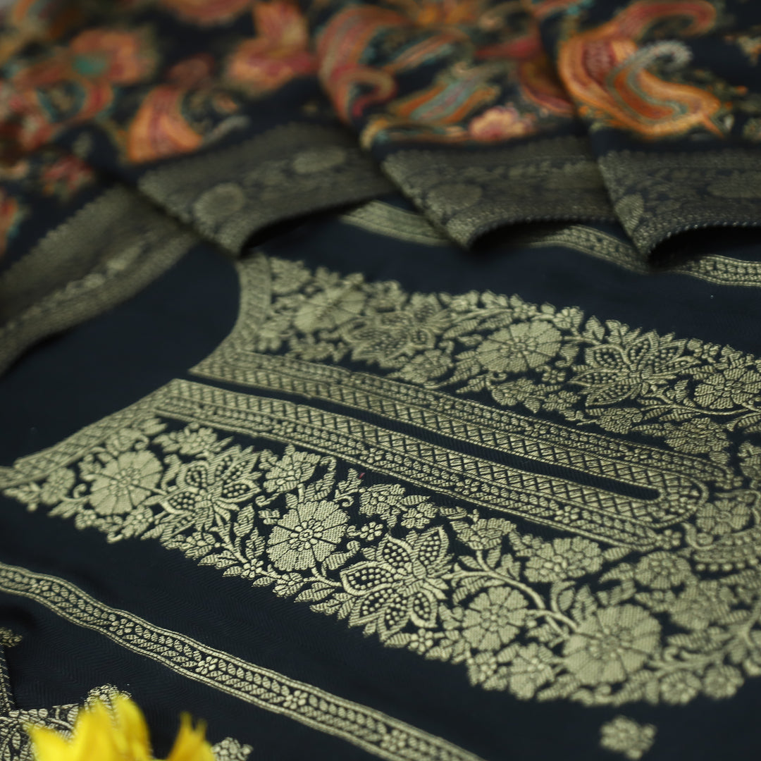 रुक्मणी Kajal Black Zari Weaved in Panel Style Work Semi Pashmina Winter Suit Set