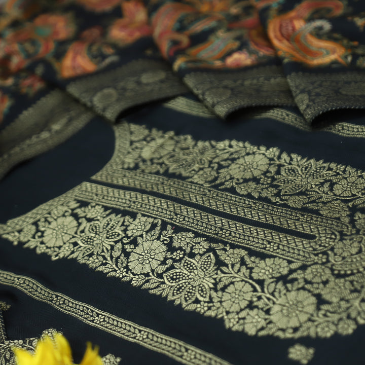 रुक्मणी Kajal Black Zari Weaved in Panel Style Work Semi Pashmina Winter Suit Set