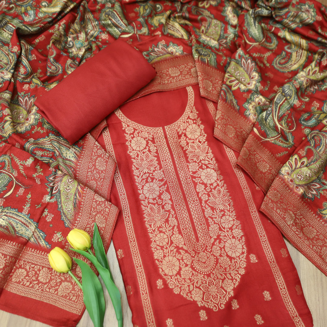 रुक्मणी Bride Red Zari Weaved in Panel Style Work Semi Pashmina Winter Suit Set