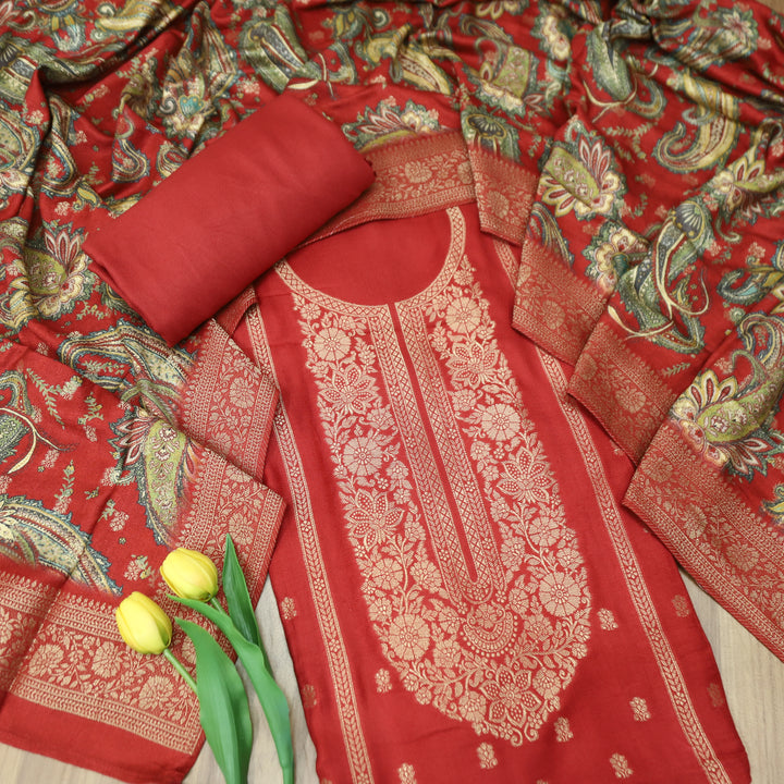 रुक्मणी Bride Red Zari Weaved in Panel Style Work Semi Pashmina Winter Suit Set