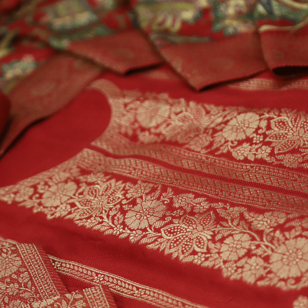 रुक्मणी Bride Red Zari Weaved in Panel Style Work Semi Pashmina Winter Suit Set