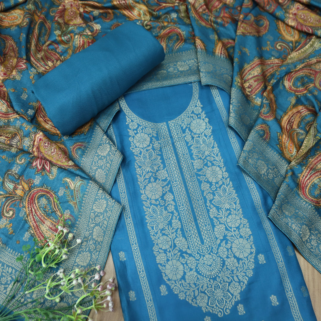 रुक्मणी Aashmani Blue Zari Weaved in Panel Style Work Semi Pashmina Winter Suit Set