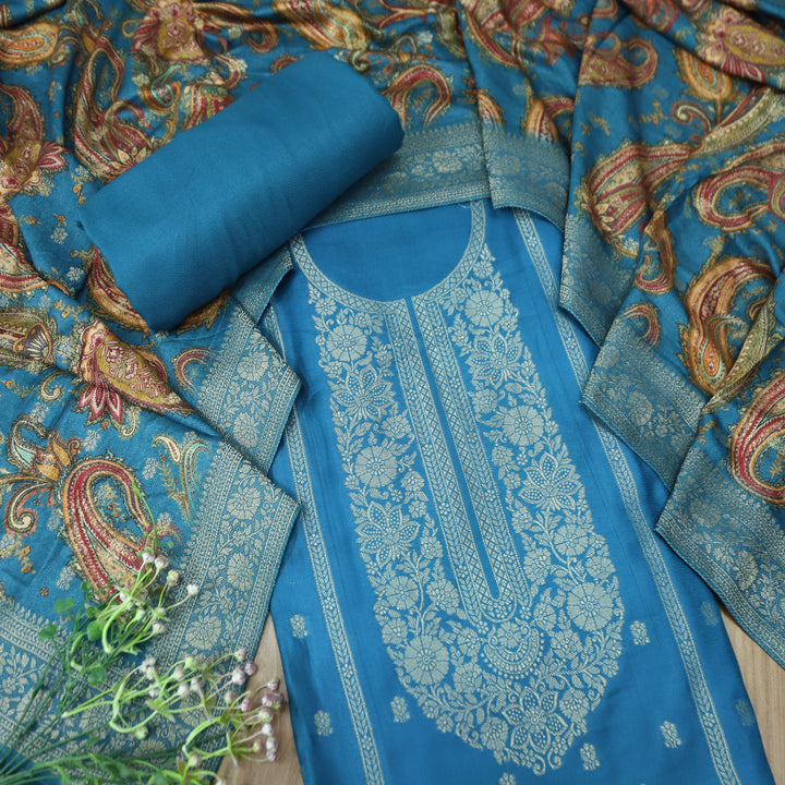 रुक्मणी Aashmani Blue Zari Weaved in Panel Style Work Semi Pashmina Winter Suit Set