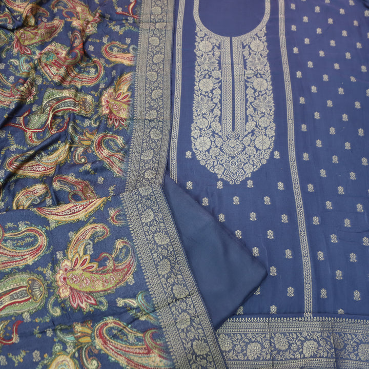 रुक्मणी Sapphire Blue Zari Weaved in Panel Style Work Semi Pashmina Winter Suit Set