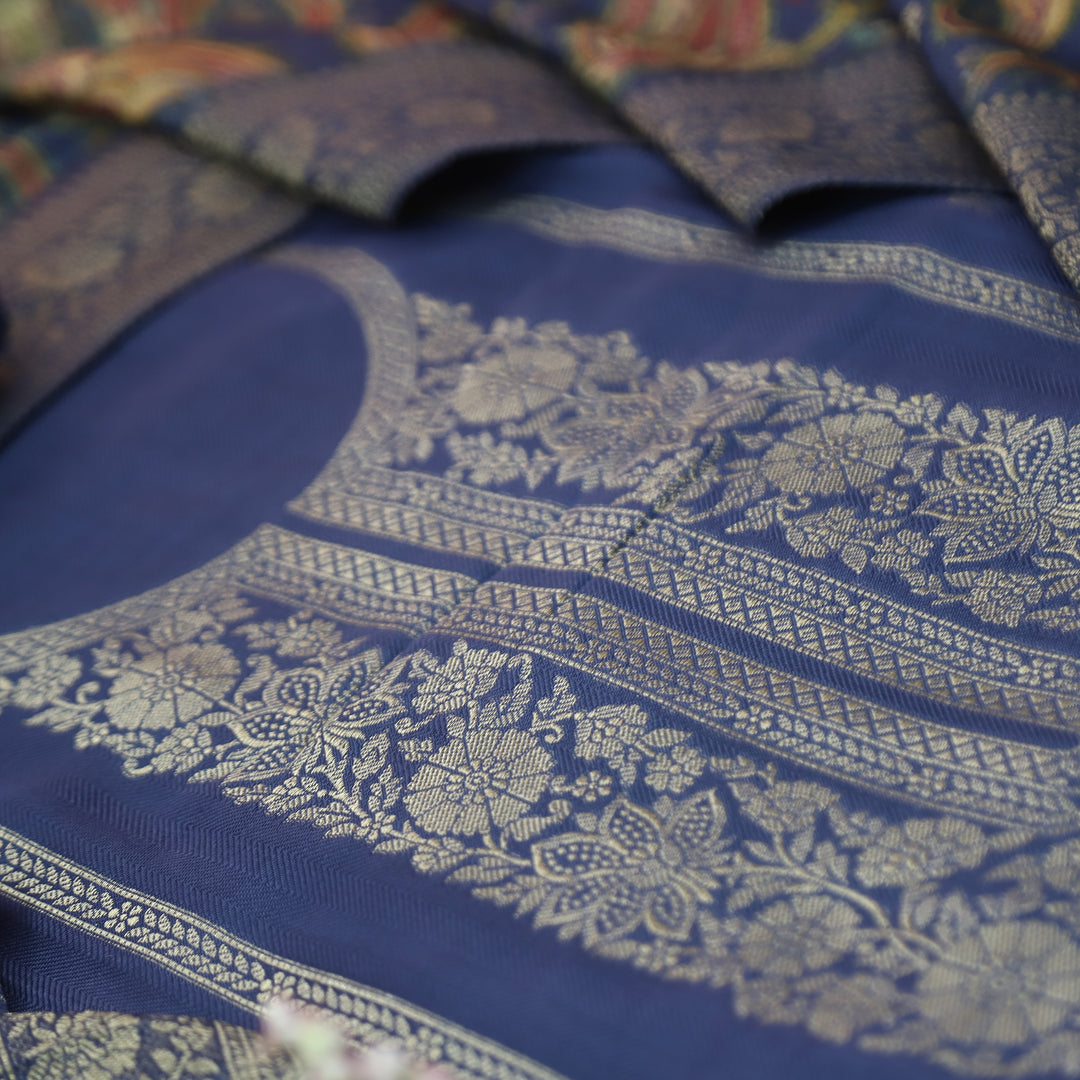 रुक्मणी Sapphire Blue Zari Weaved in Panel Style Work Semi Pashmina Winter Suit Set