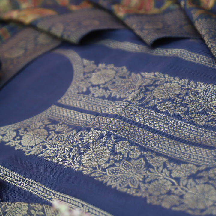 रुक्मणी Sapphire Blue Zari Weaved in Panel Style Work Semi Pashmina Winter Suit Set