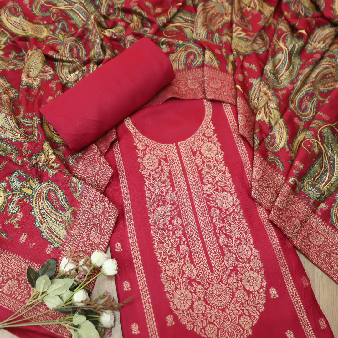 रुक्मणी Rani Pink Zari Weaved in Panel Style Work Semi Pashmina Winter Suit Set
