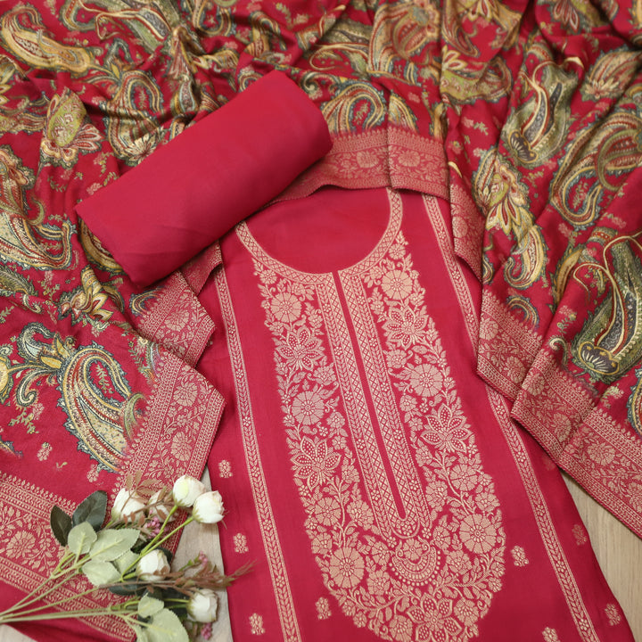 रुक्मणी Rani Pink Zari Weaved in Panel Style Work Semi Pashmina Winter Suit Set