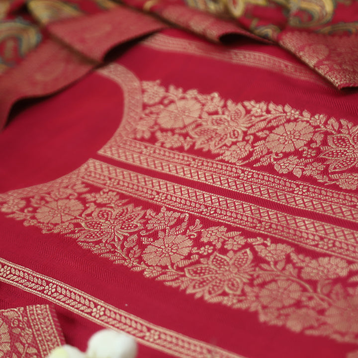 रुक्मणी Rani Pink Zari Weaved in Panel Style Work Semi Pashmina Winter Suit Set