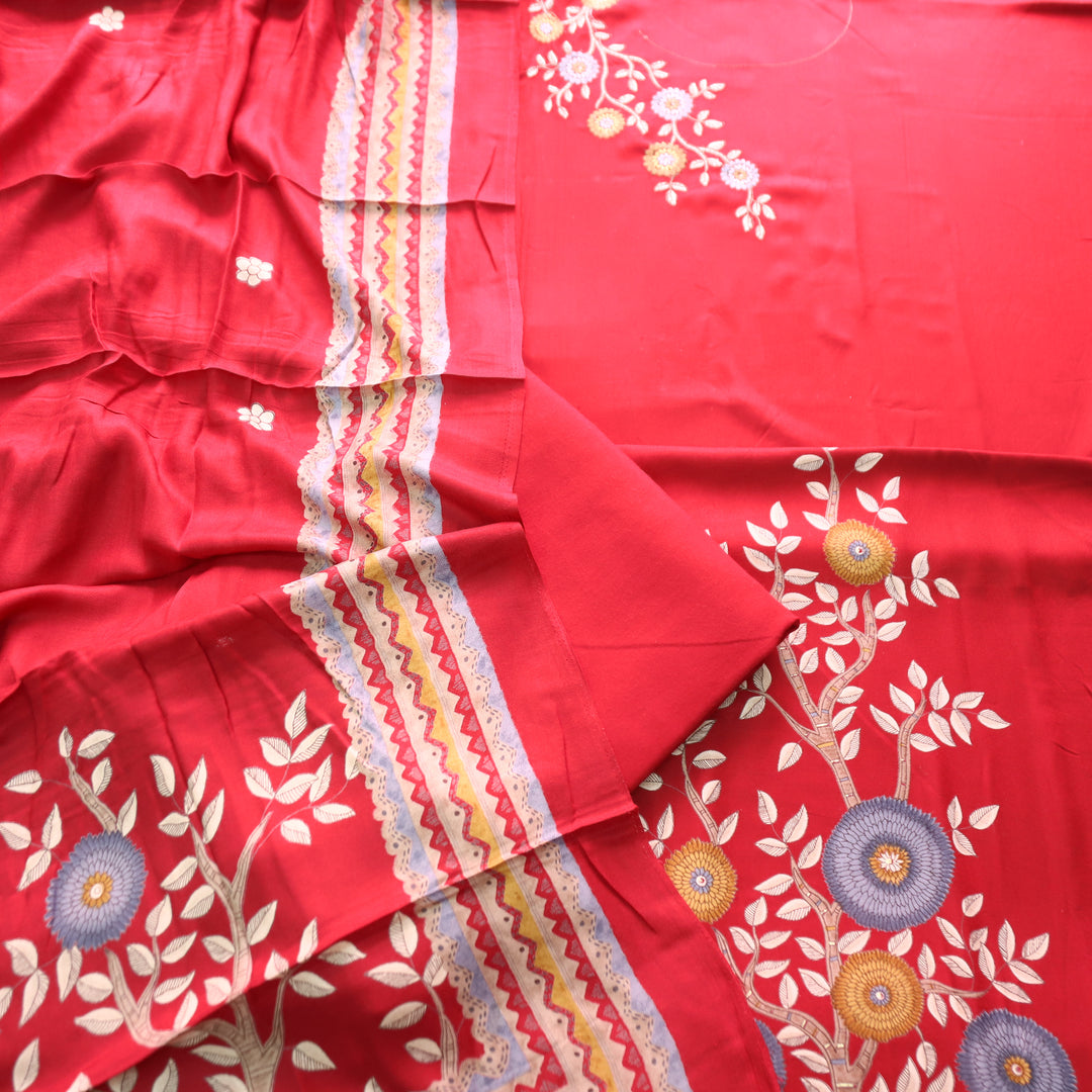 निकुंज Cherry Red Balanced By Floral Embroidery Work Semi Pashmina Winter Set