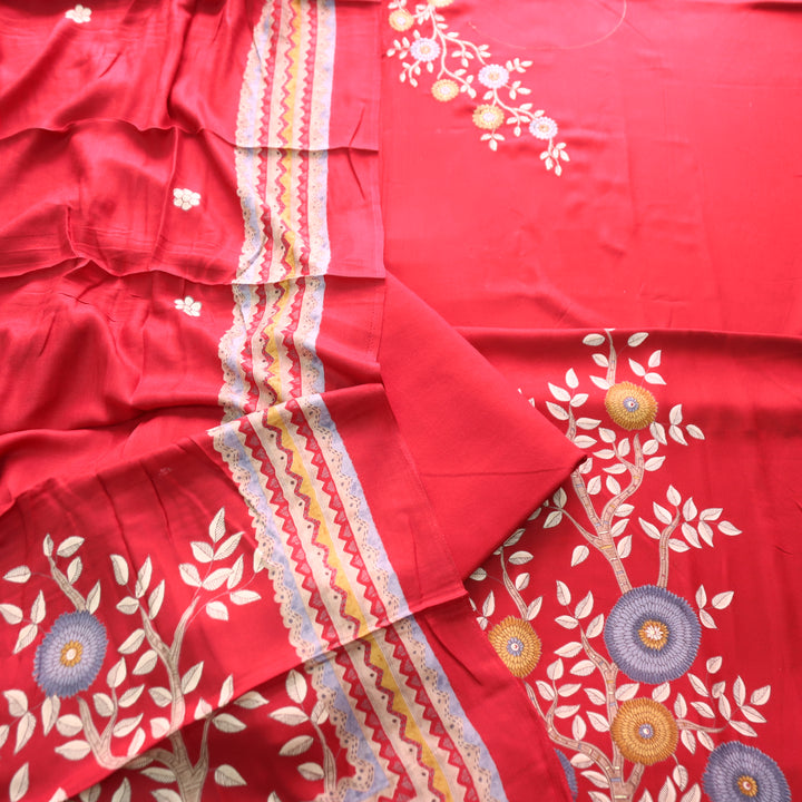 निकुंज Cherry Red Balanced By Floral Embroidery Work Semi Pashmina Winter Set